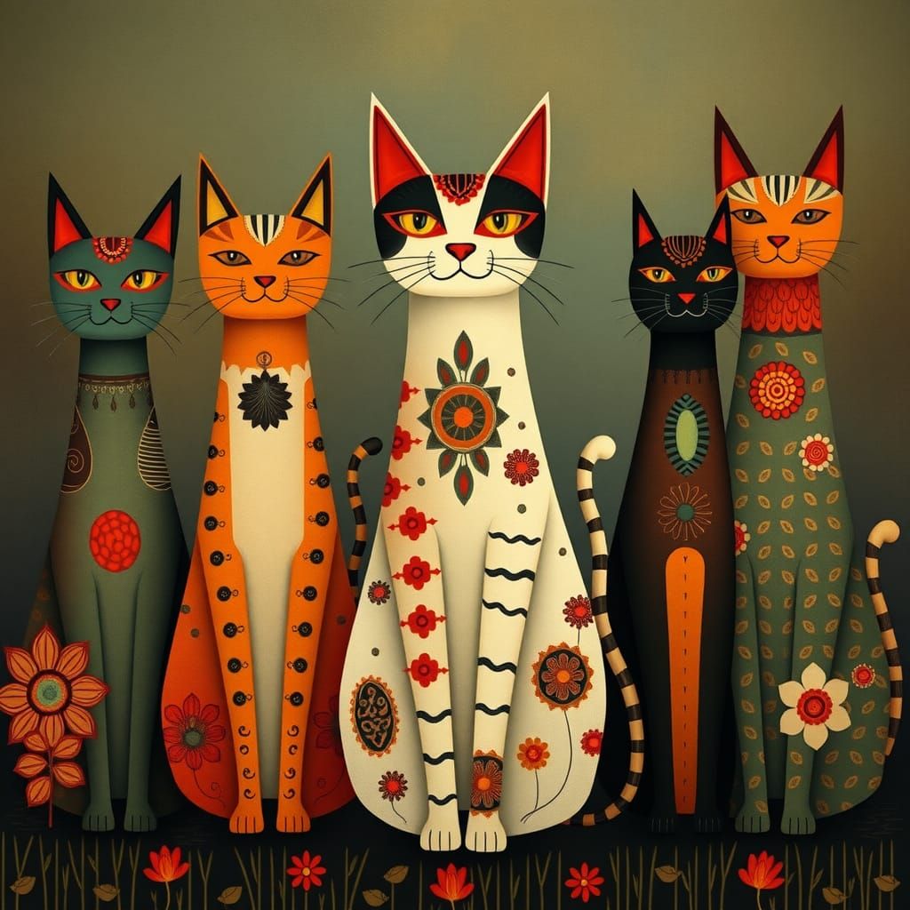 Whimsical Abstract Cats in Decorative Textile Style
