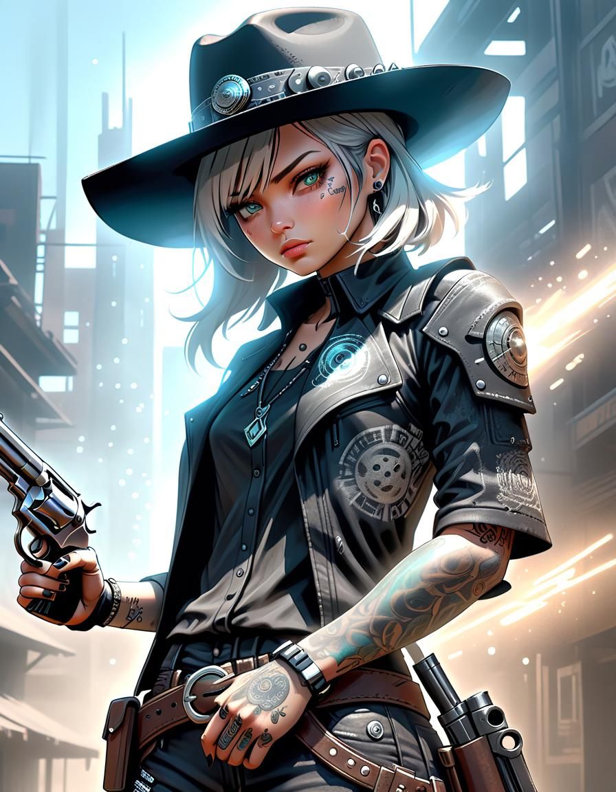 Sci-Fi Gunslinger Cowgirl in Cyberpunk Dystopia