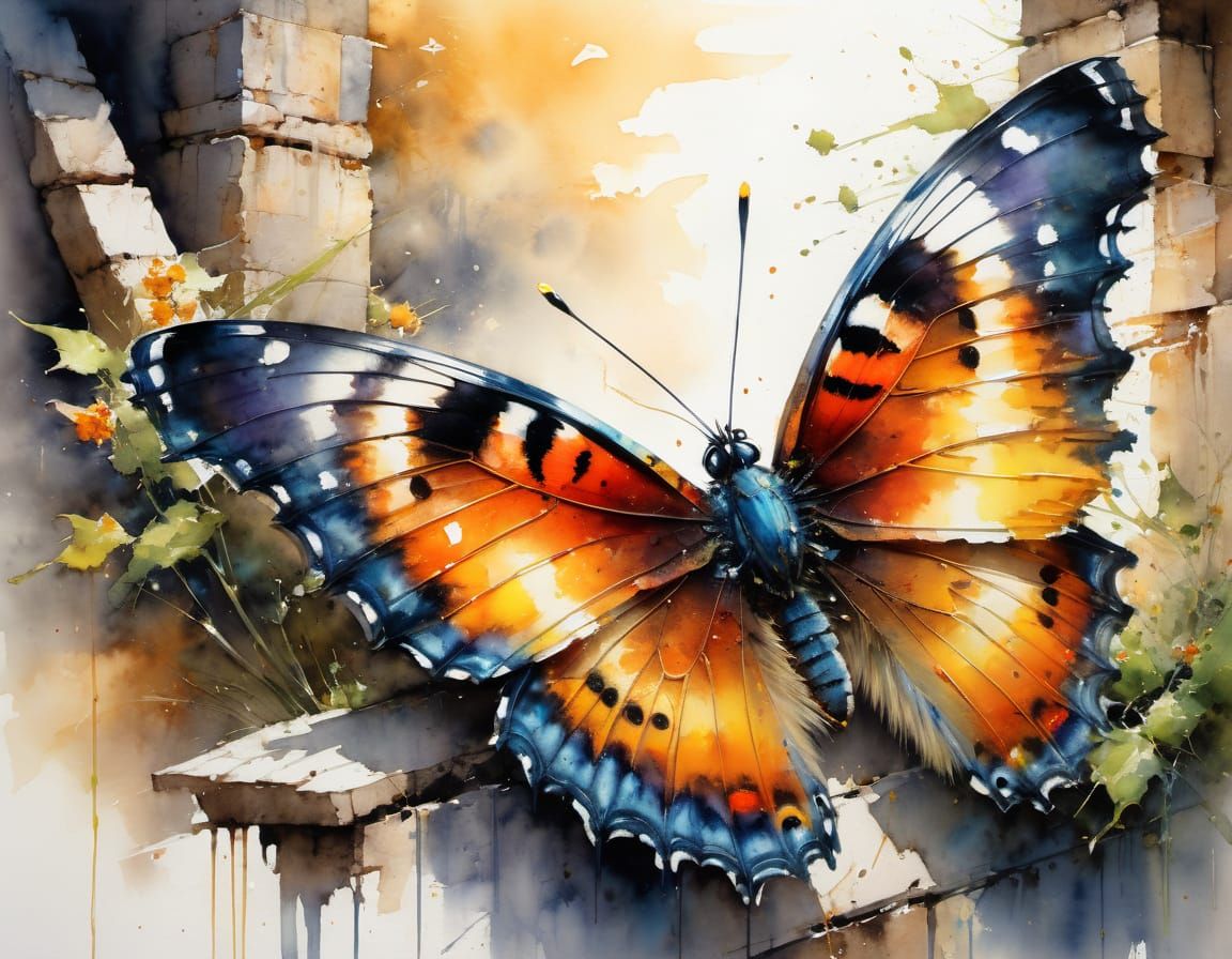 Watercolor Butterfly in Whimsical Sunset Scene
