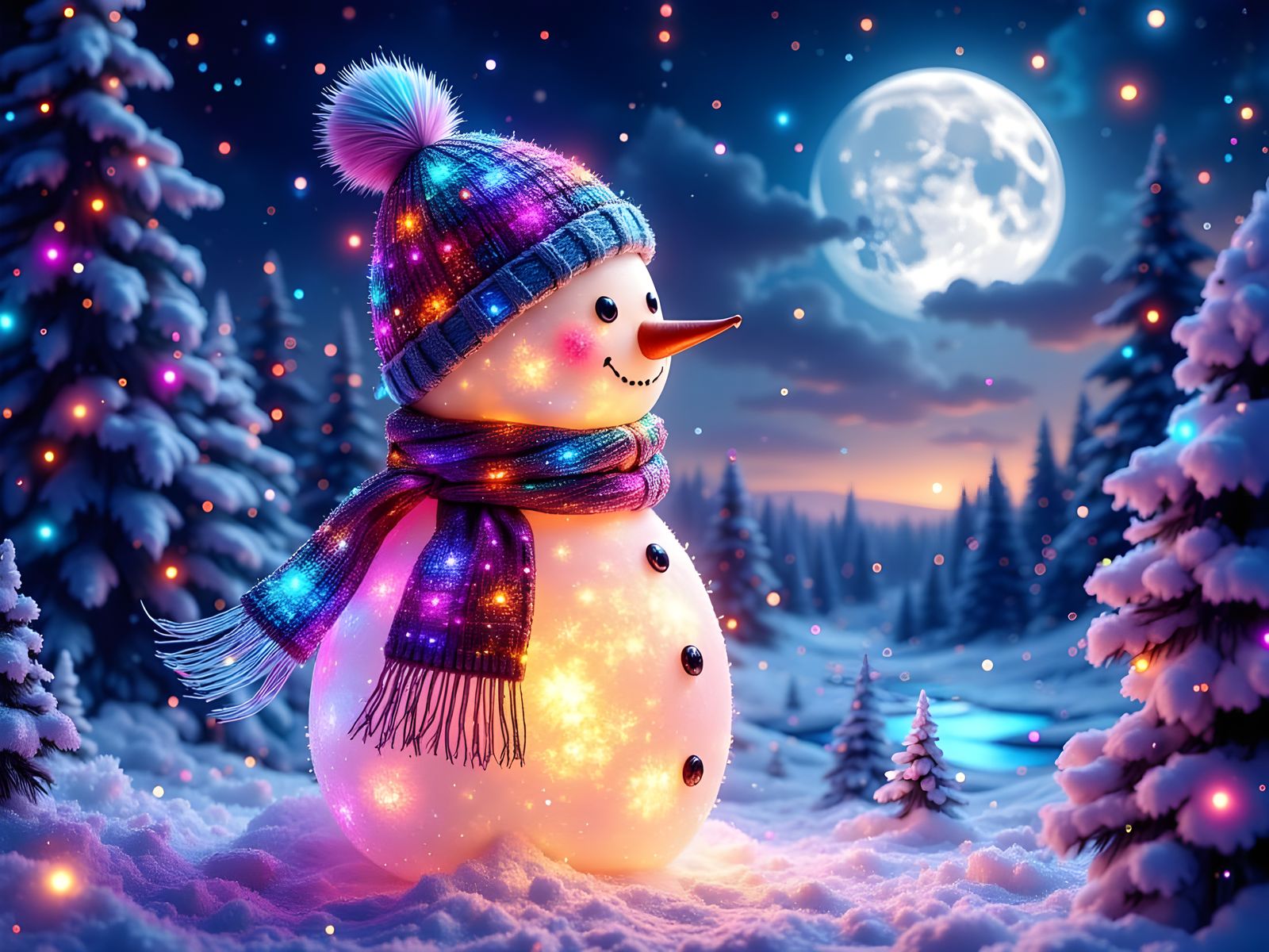 Ethereal Snowman with Neon Glow on Moonlit Plain