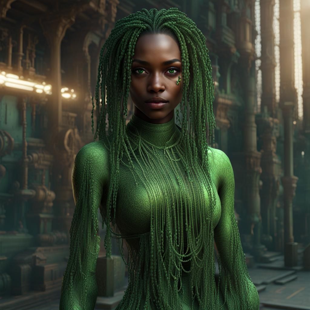 Green Matrix Girl in Hyperrealistic Digital Art