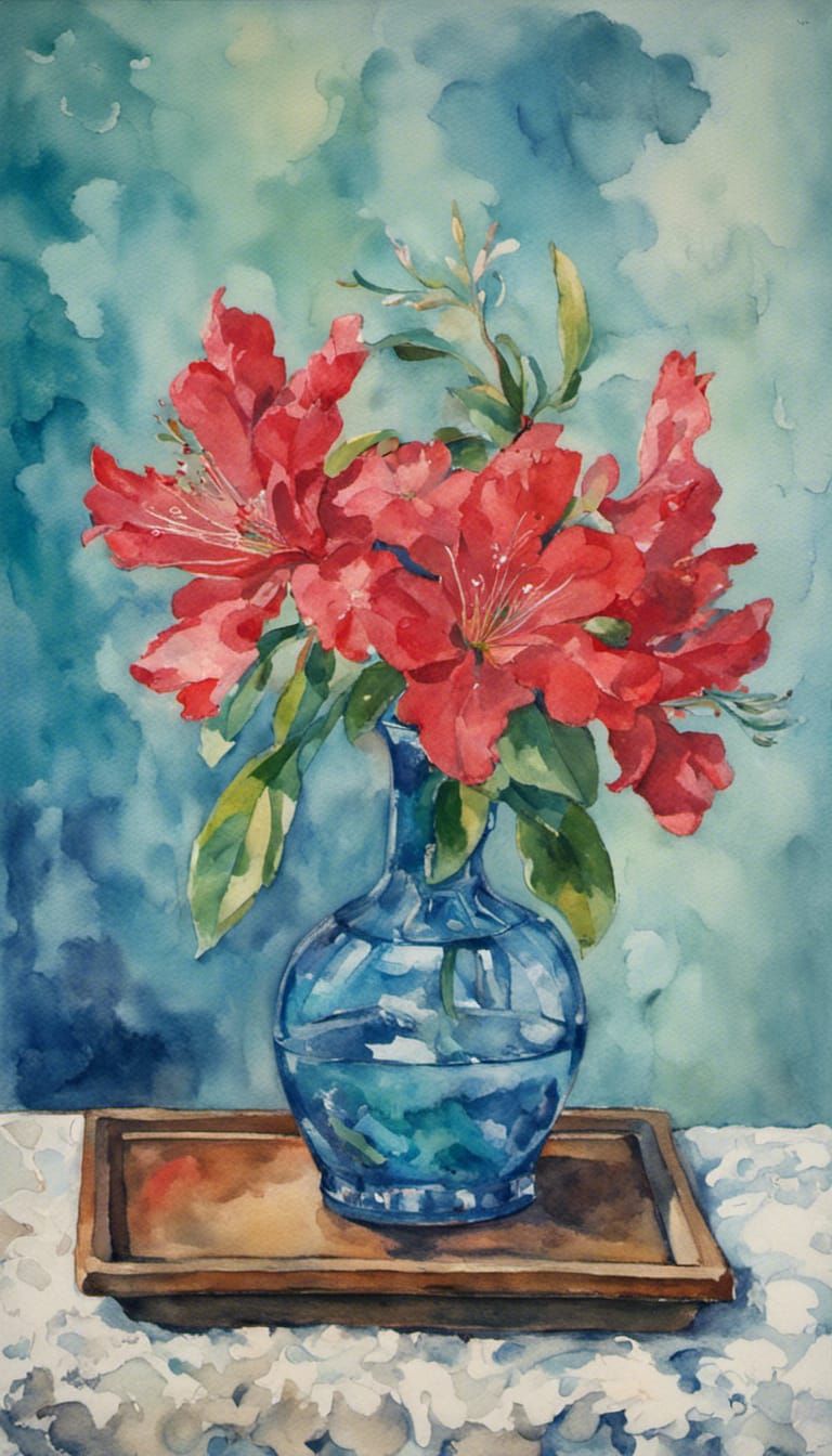 A Single Stem of Red Azalea Flowers, Glass Bud Vase Half fil...