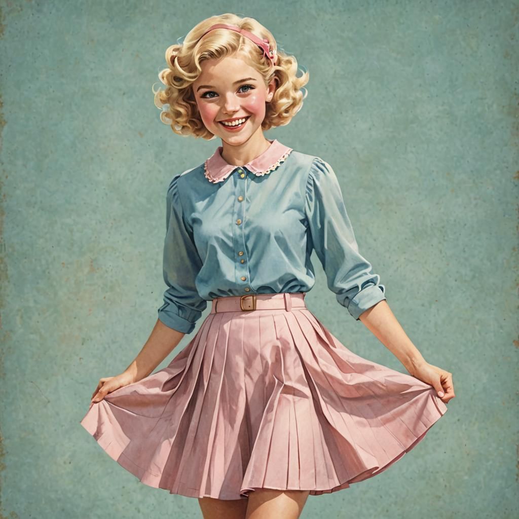 Girl in Blue Blouse and Pink Skirt: Vintage Illustration
