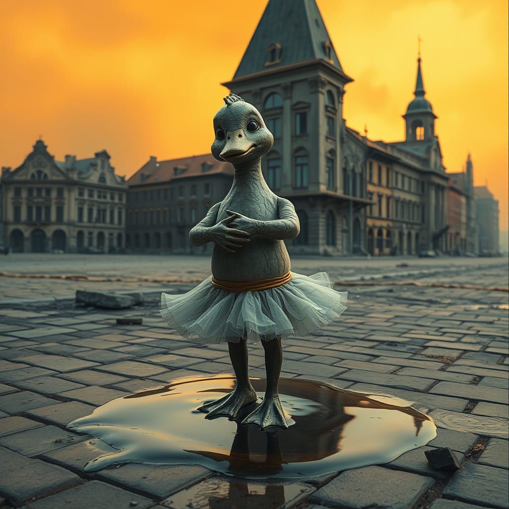 Melting Duckling Statue in Surreal Deserted Town