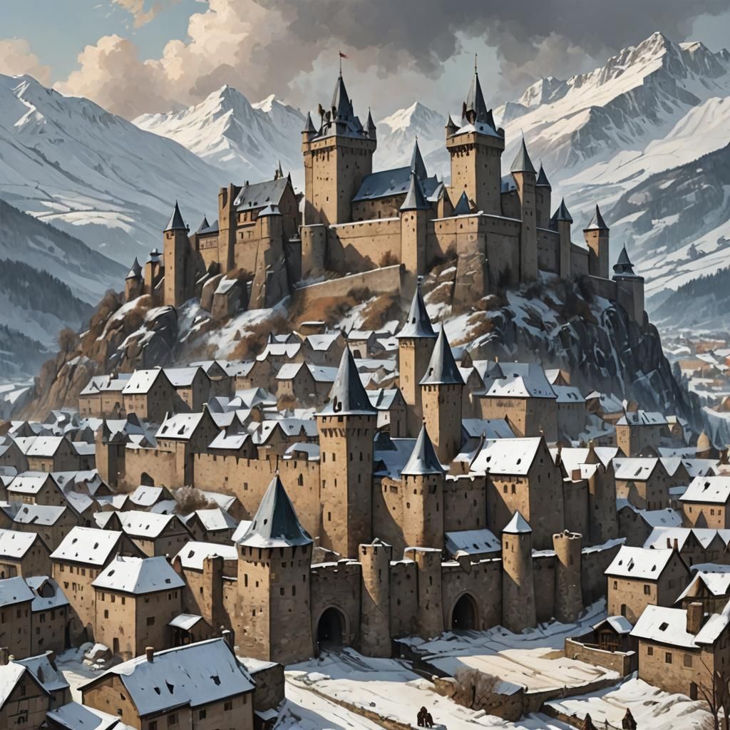 Colorful Medieval Town at Foot of Snowy Mountains