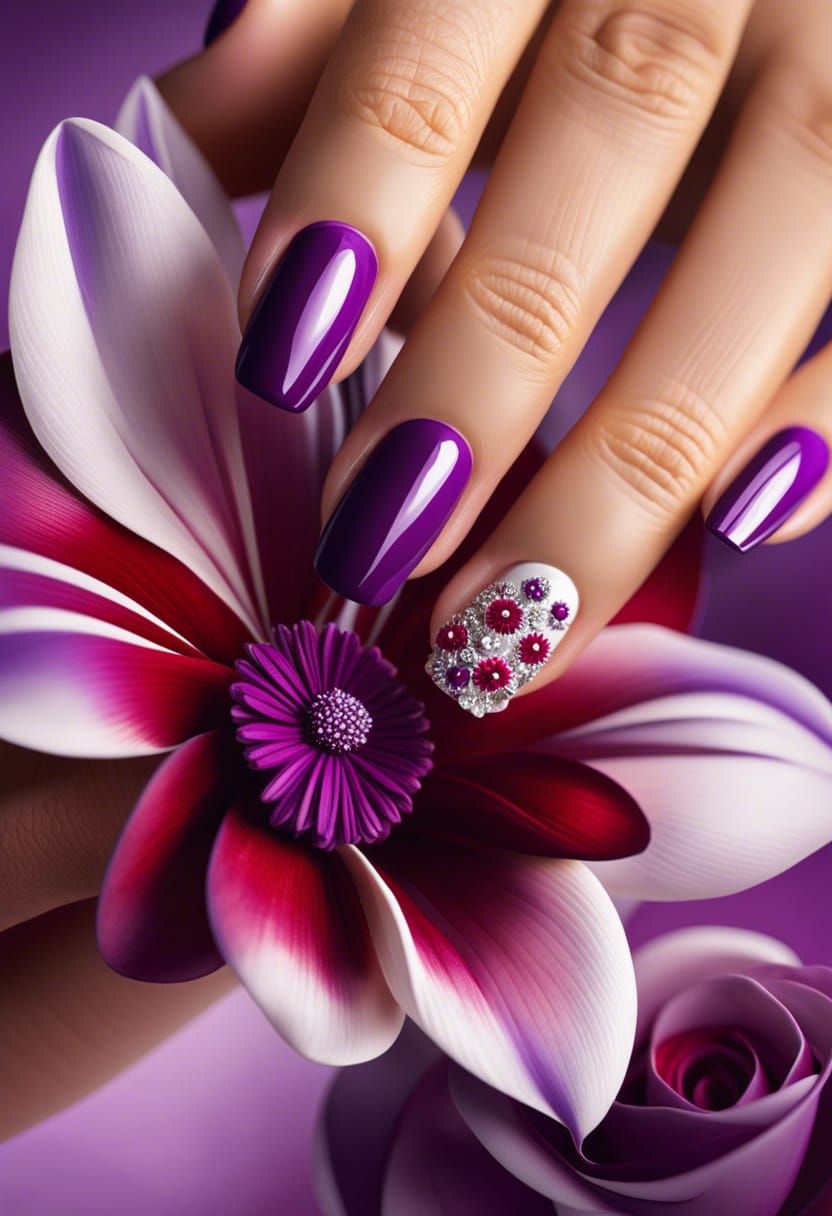 Woman Holding Flower with Purple Nails