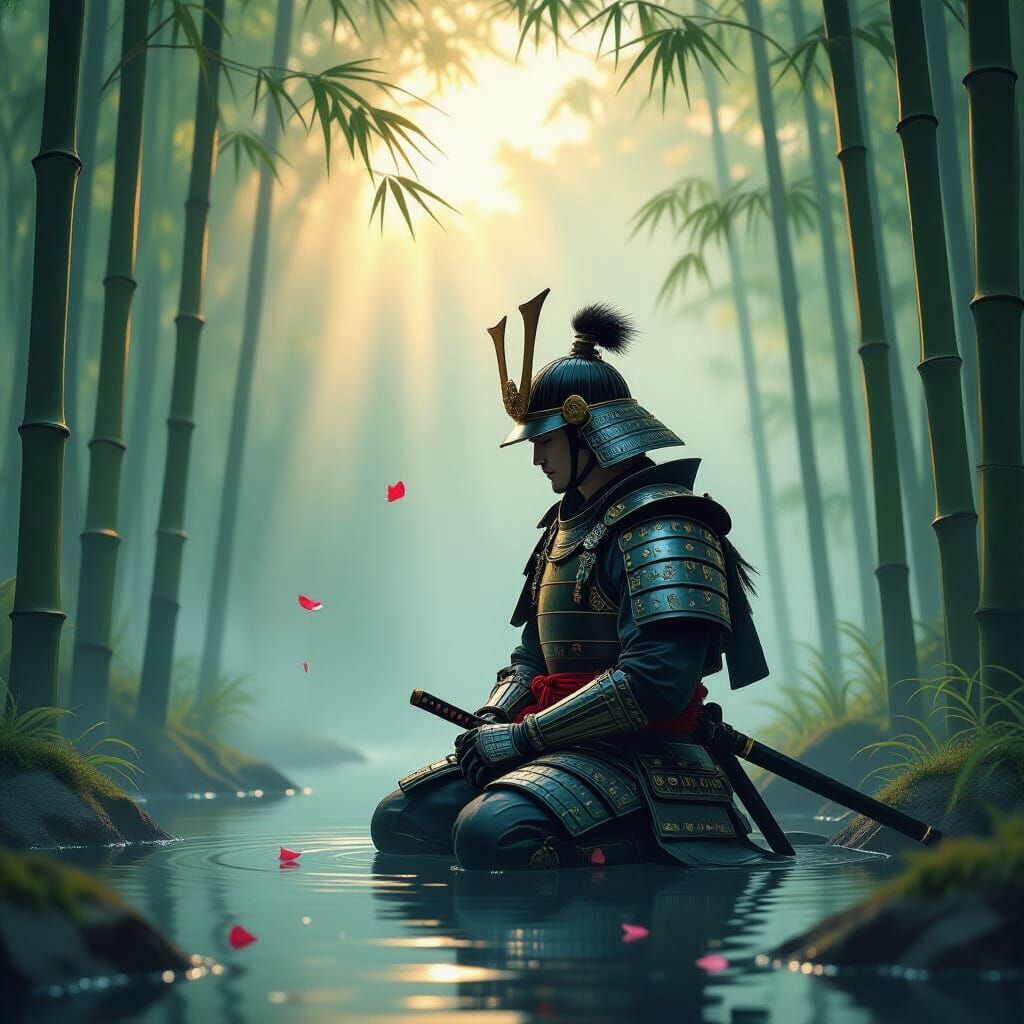 Samurai Kneeling in Misty Bamboo Forest with Cherry Blossom ...