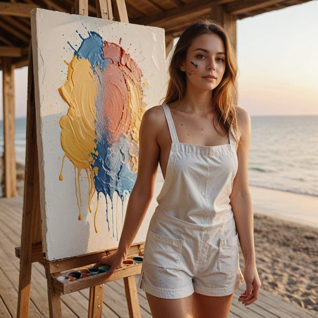 Beautiful Woman Painting on Beach Balcony
