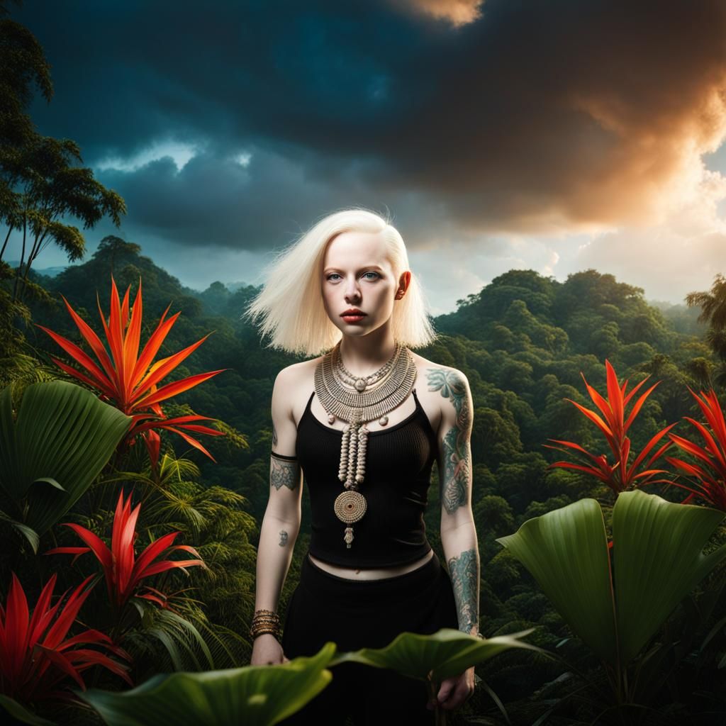 Albino Girl Portrait with Mayan Jungle Backdrop