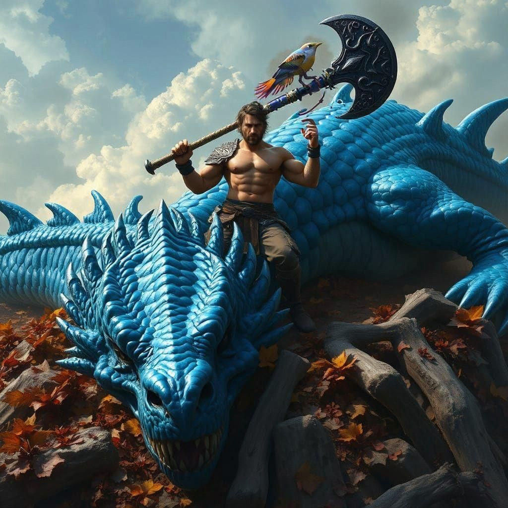 Fantastical Dragon Slayer with Black Greataxe in a Vibrant,...