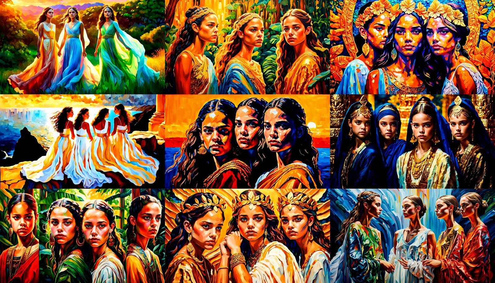 Hyperrealistic Painting of Three Goddesses in Acrylic