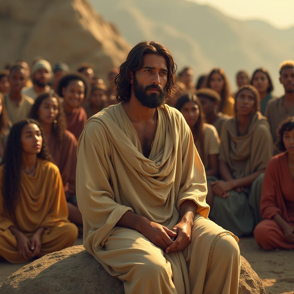 Jesus Surrounded by a Diverse Gathering in a Serene Landscap...