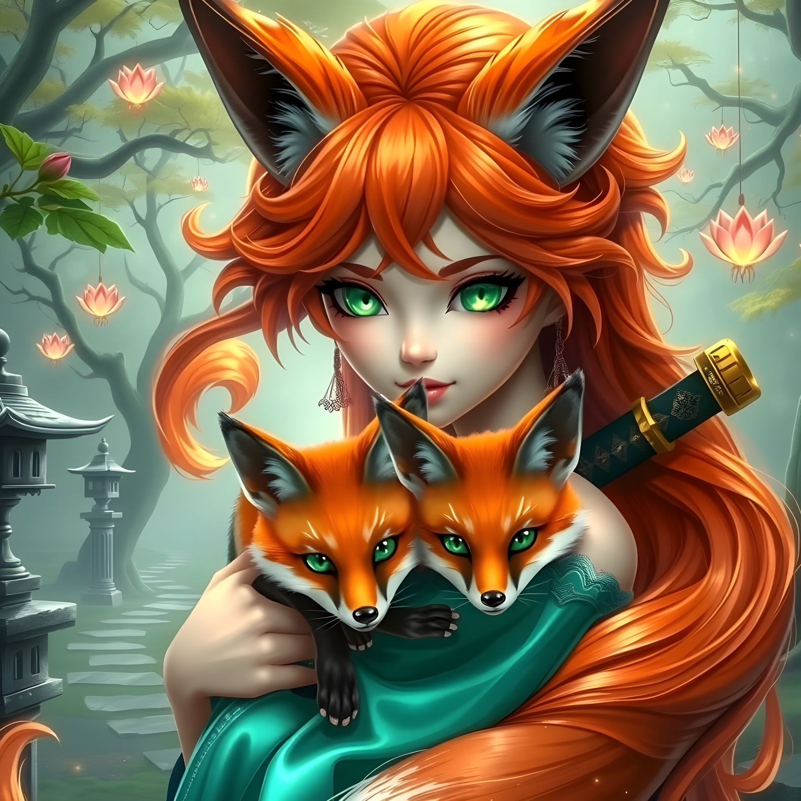 Kitsune Fox Goddess in Serene Japanese Garden