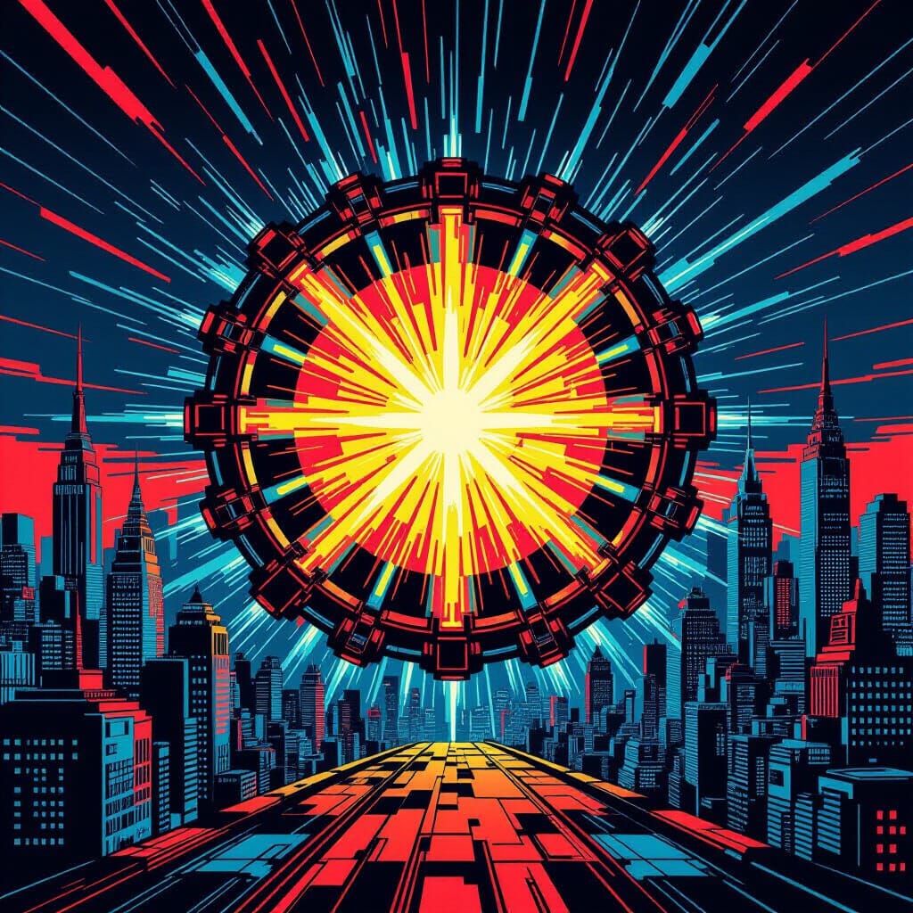 Pulsing Arc Reactor in Retro-Futuristic City