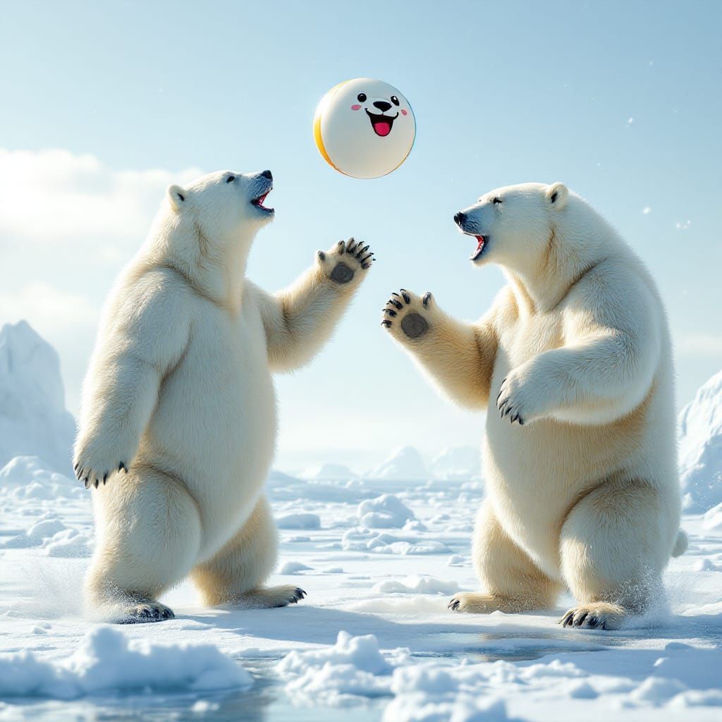 Giant Polar Bears Play Volleyball on Arctic Shore