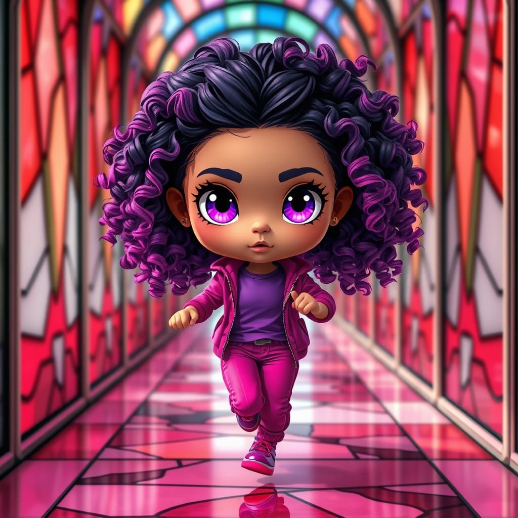 Joyful Chibi Girl on Bauhaus Stained Glass Path