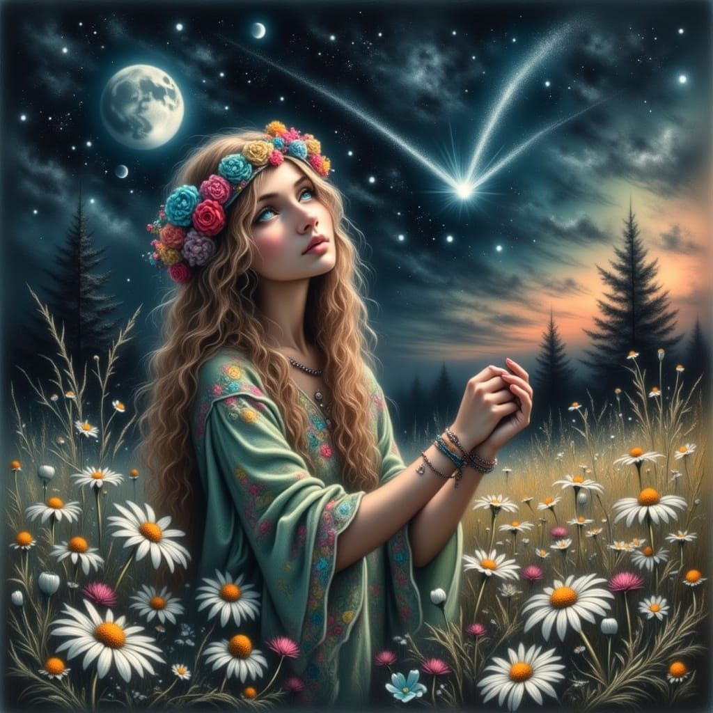 Hippie Woman with Crochet Blanket Under Starry Sky