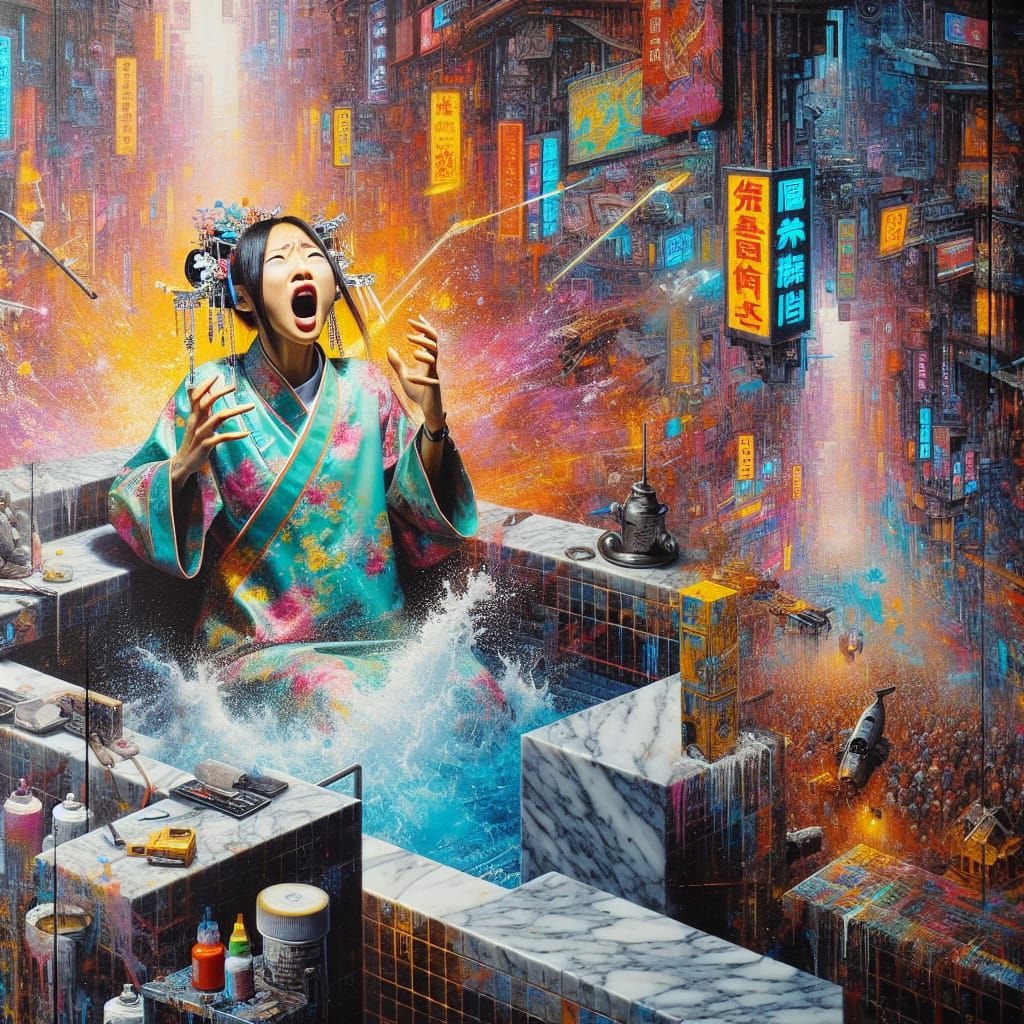Cyberpunk Fear: Chinese Lady in Marble Tub