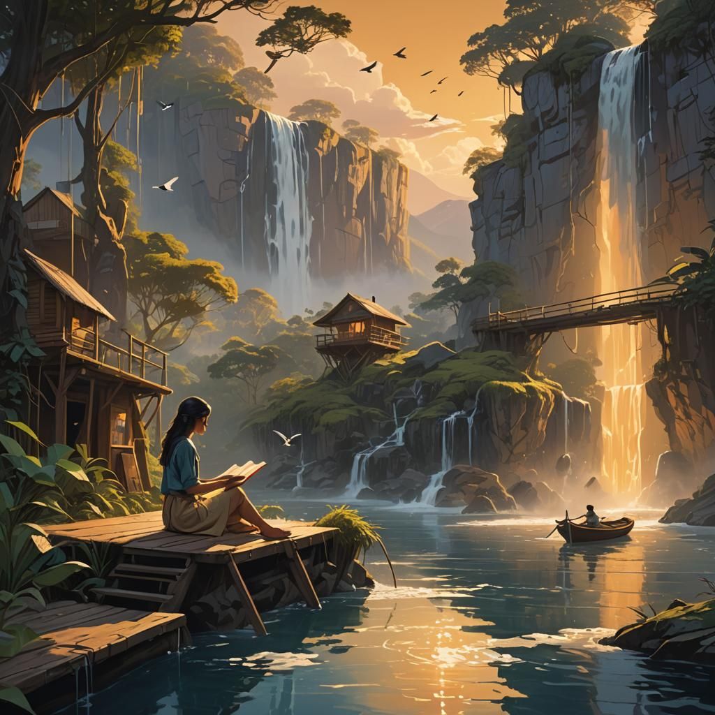 Girl Reading Book Near Waterfall, Inspired by Syd Mead