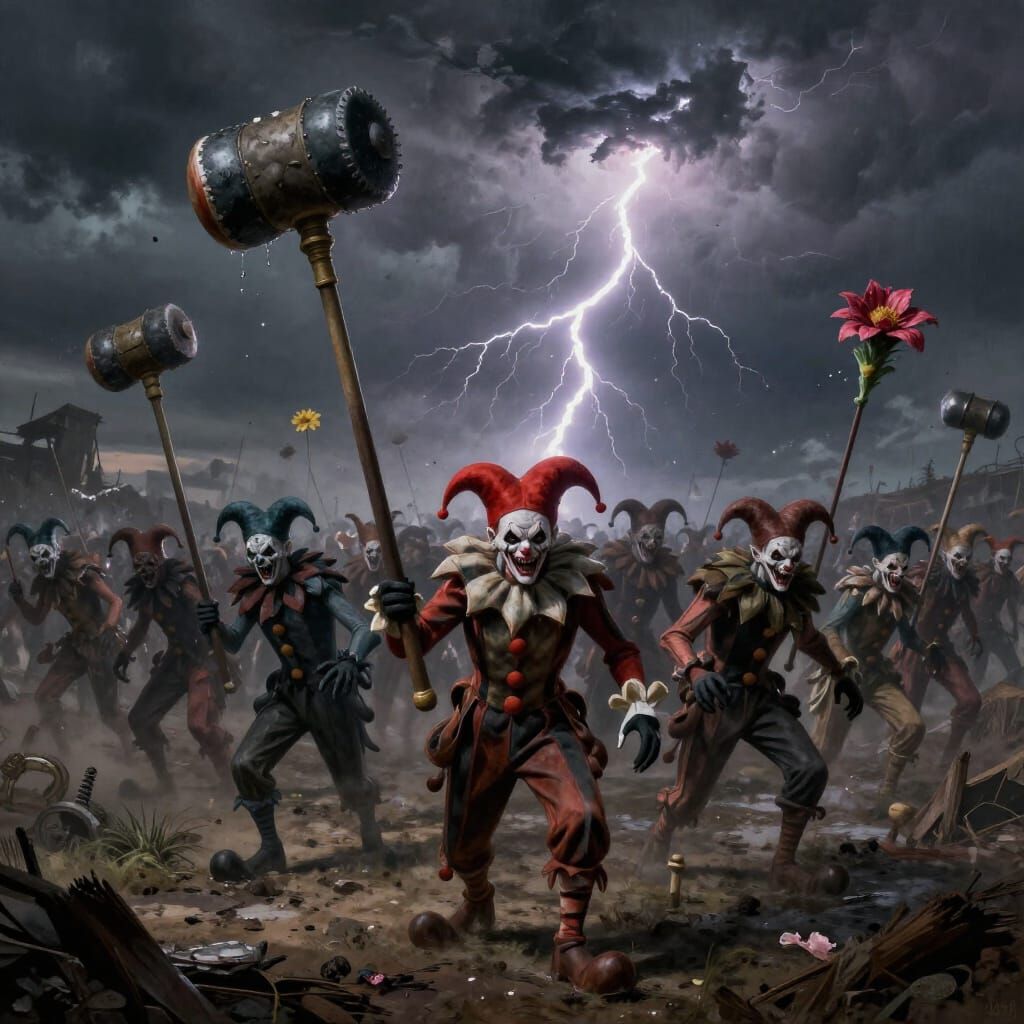 Menacing Clown Army in War-Torn Landscape