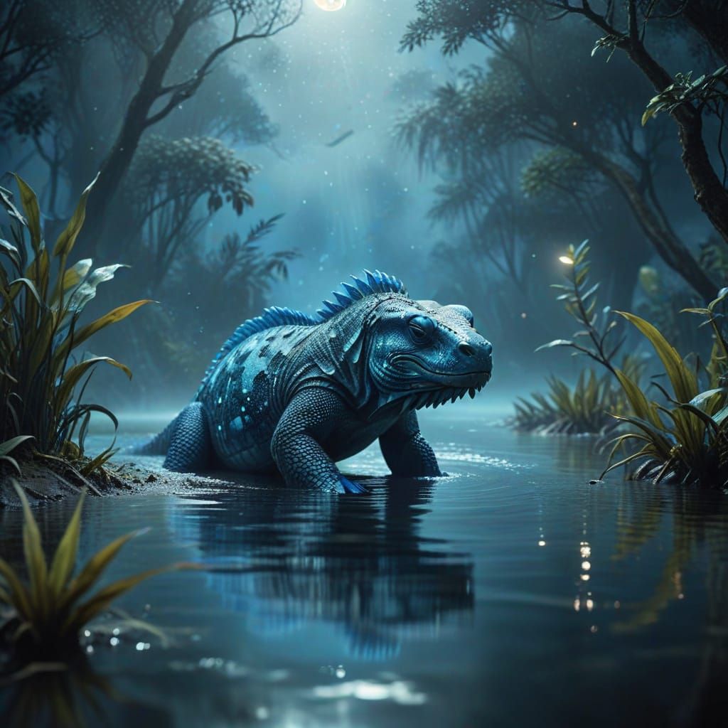 Mystical Mokele-mbembe Basks in Congo Lake's Soft Blue Glow