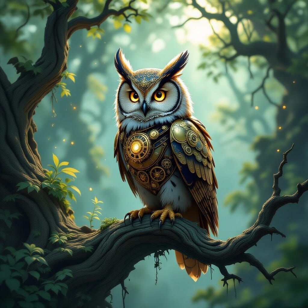 Clockwork Owl on Ancient Branch in Misty Forest