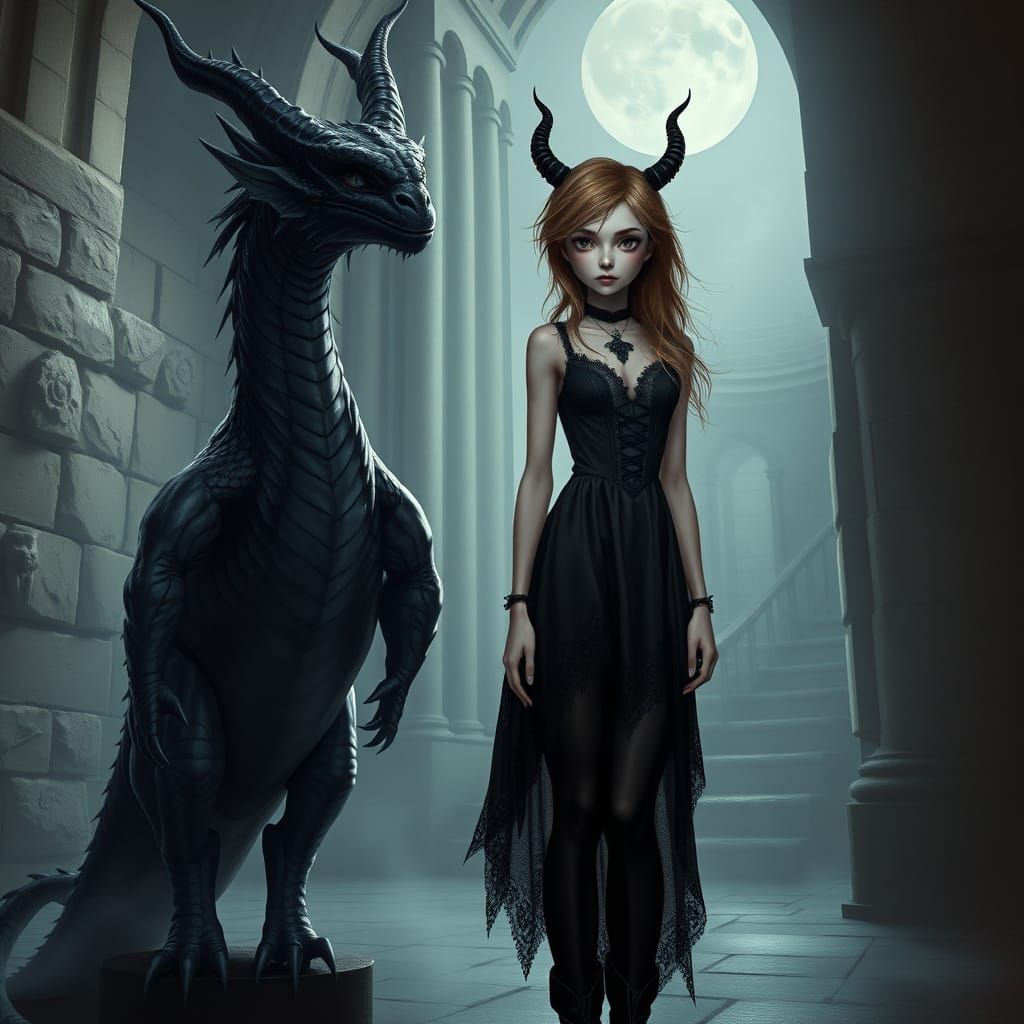 Melancholy Demon Woman with Two-Headed Dragon