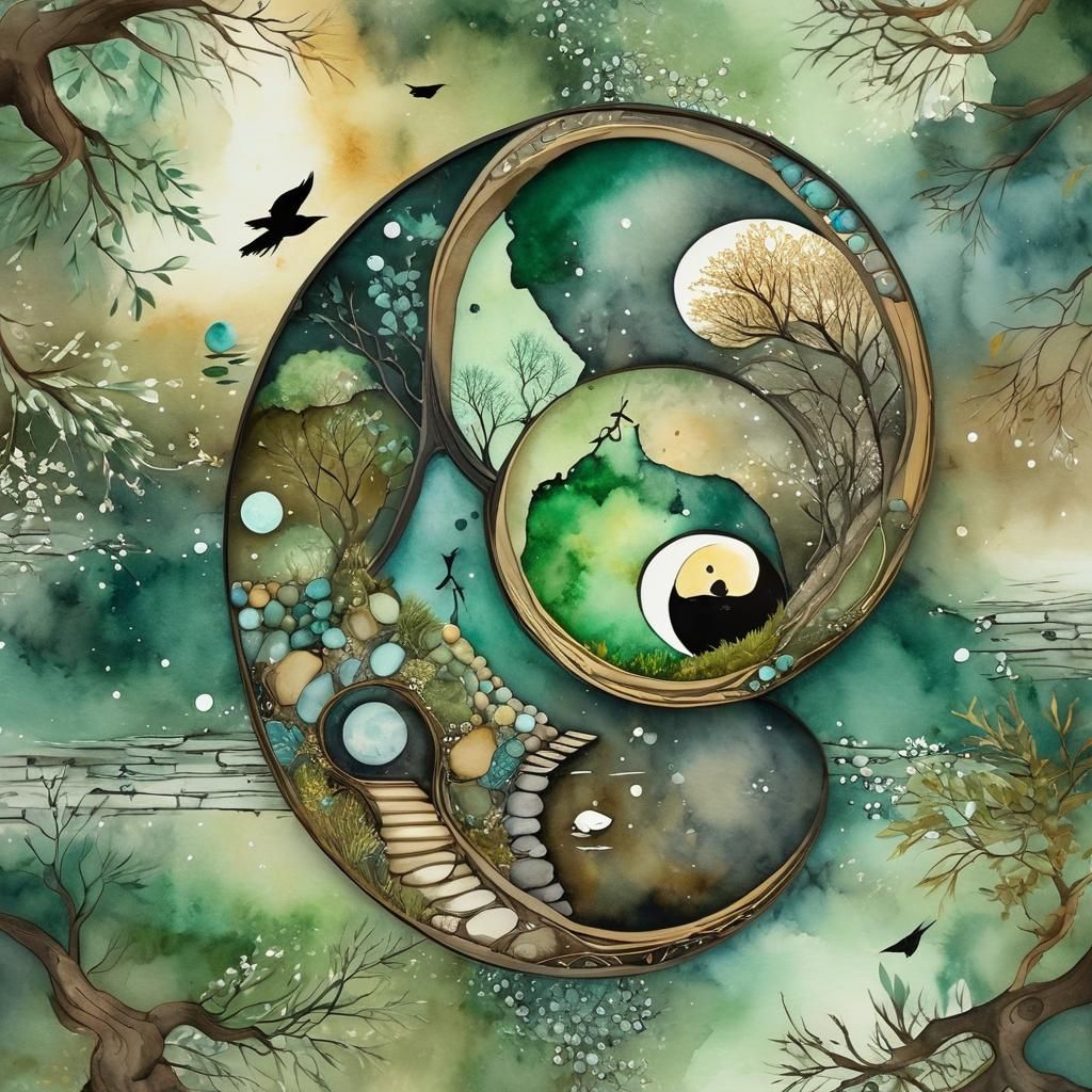 Ying Yang Zen Garden Pathway in Watercolor