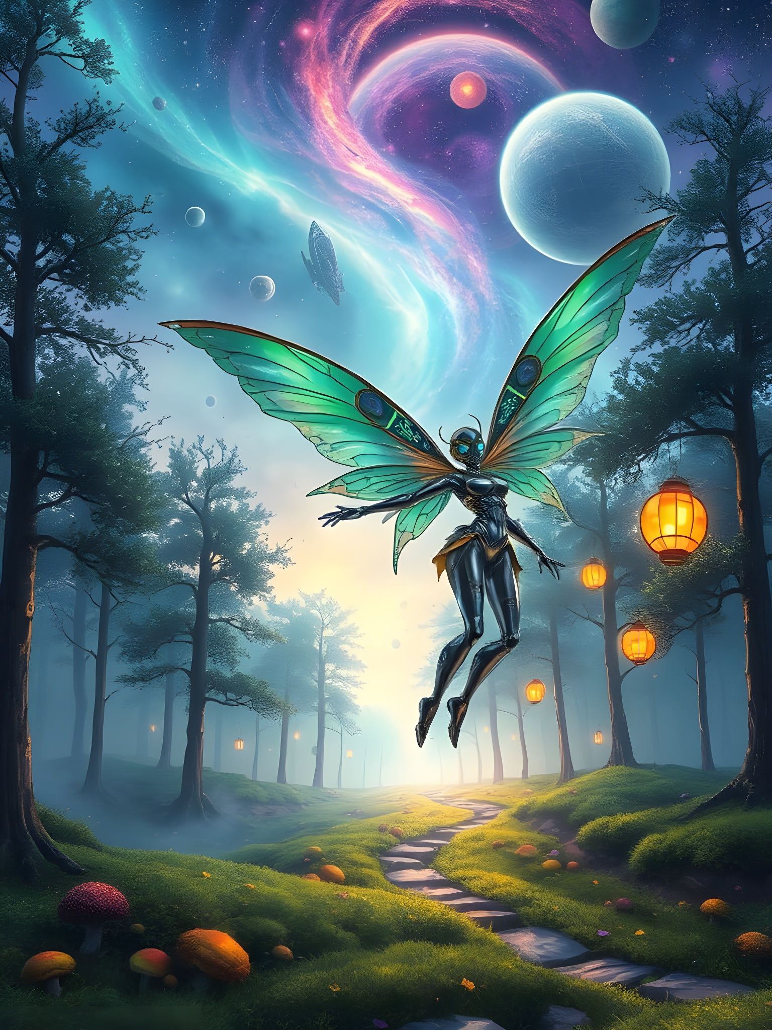 Clockwork Fairy in Cyberpunk Forest