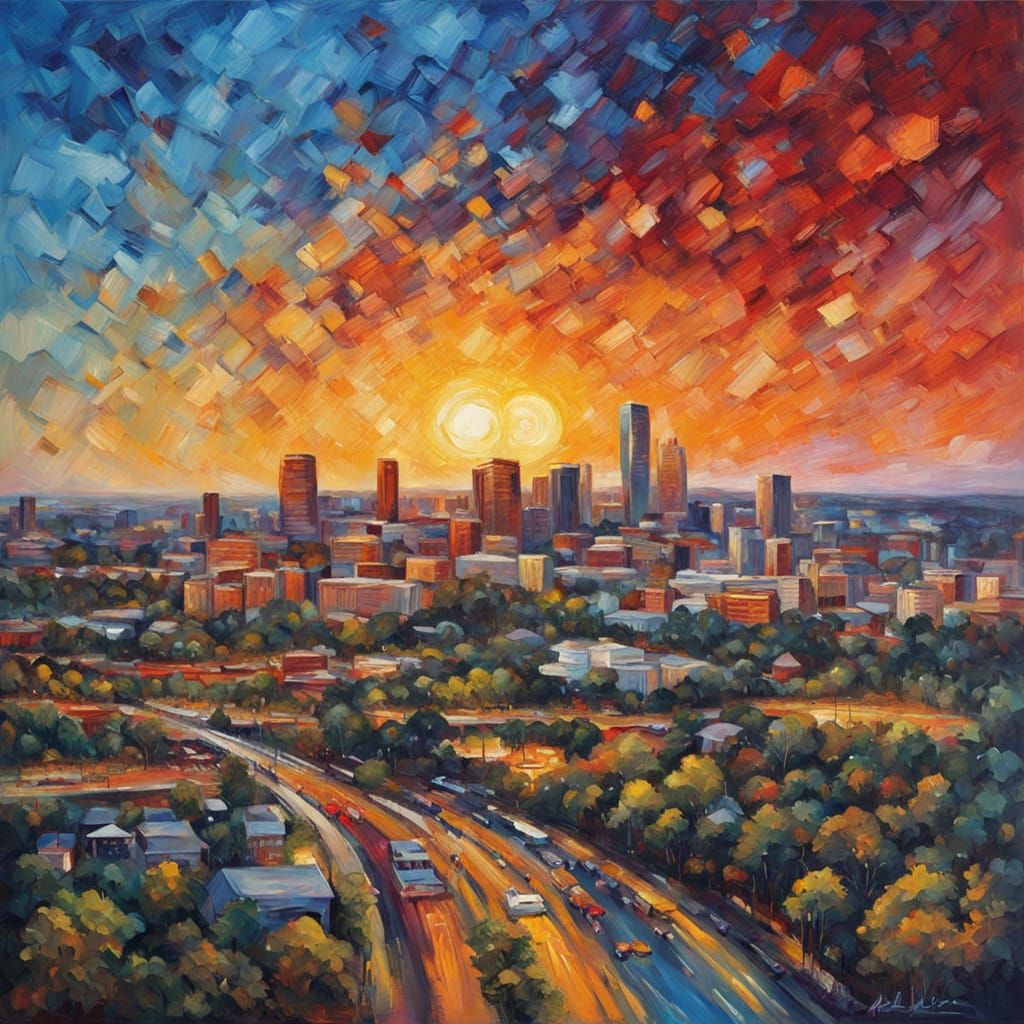 Neo-Impressionist Sacramento Cityscape at Golden Hour