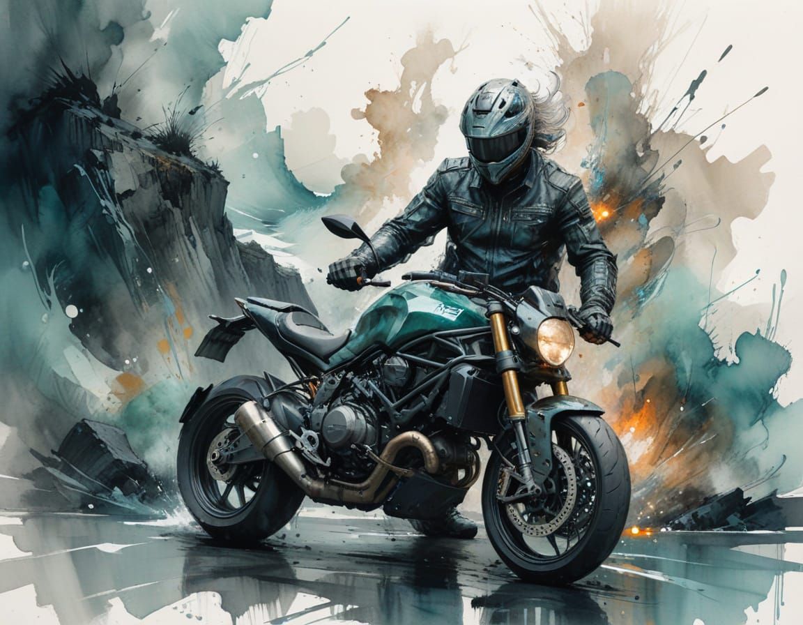 Biker on Coastal Highway in Ethereal Watercolor