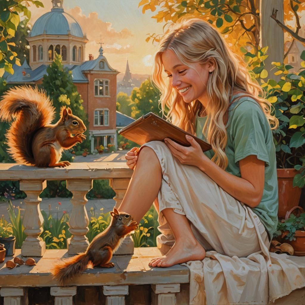 Girl with Squirrel: Impressionist Oil Painting