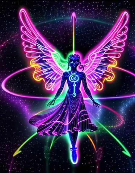 Neon Space Angel with Vaporwave Zentangle Wings