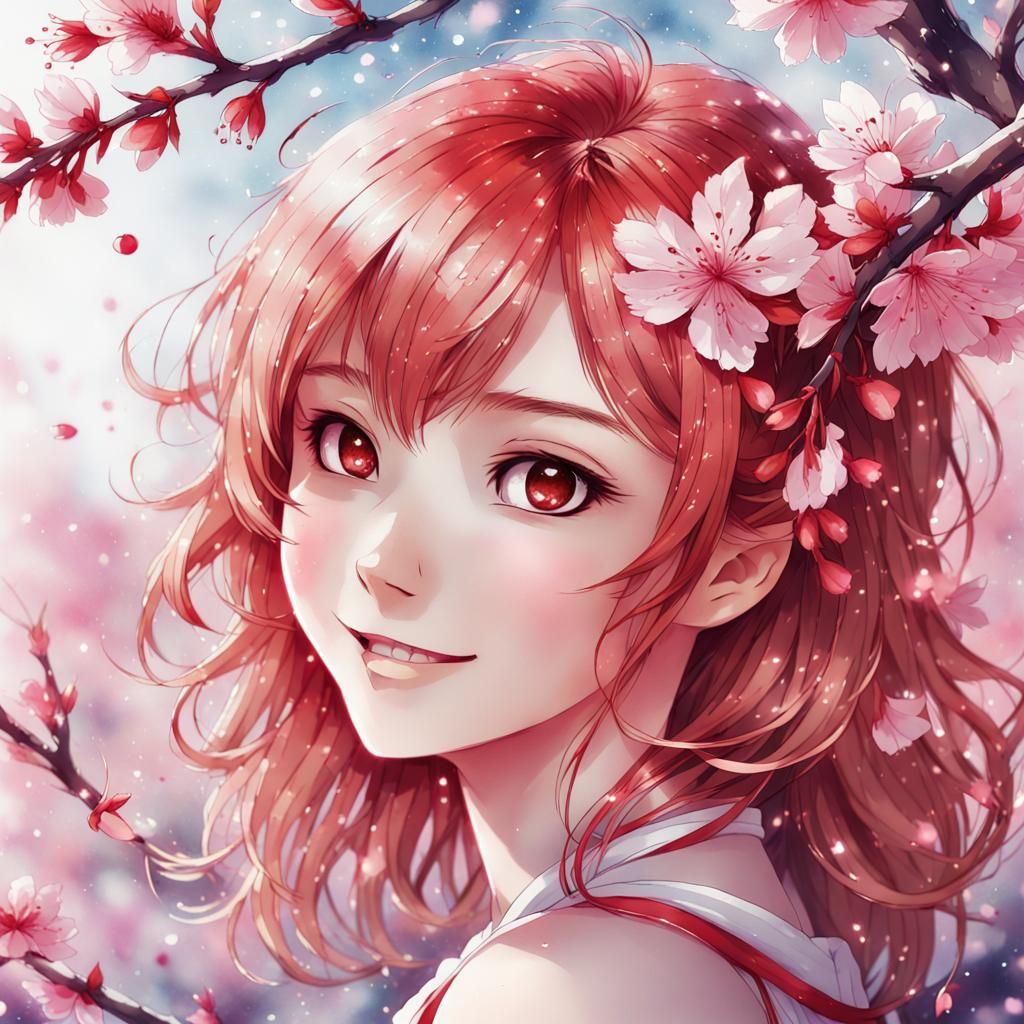 Anime Girl Portrait with Glitter Watercolor Blossoms