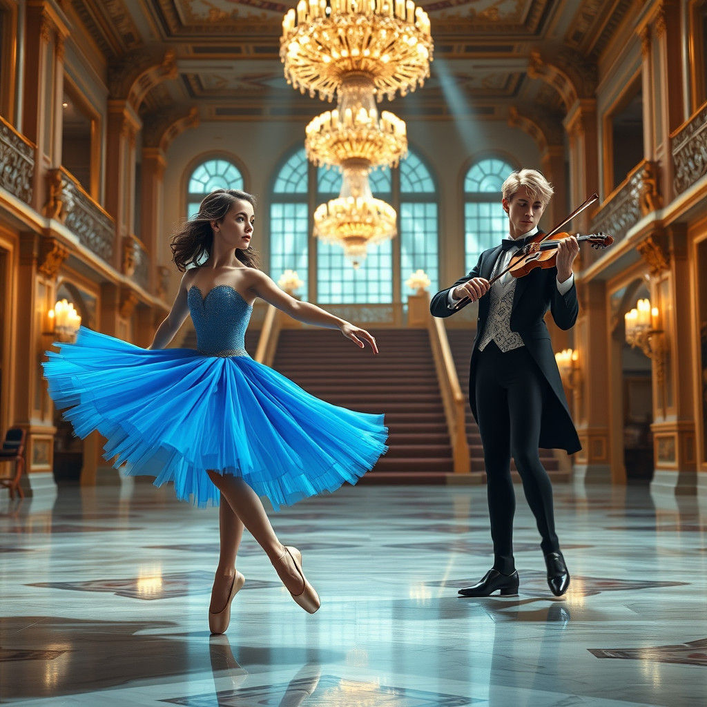 Ballet Dancer in Ballroom with Violinist, Digital Art