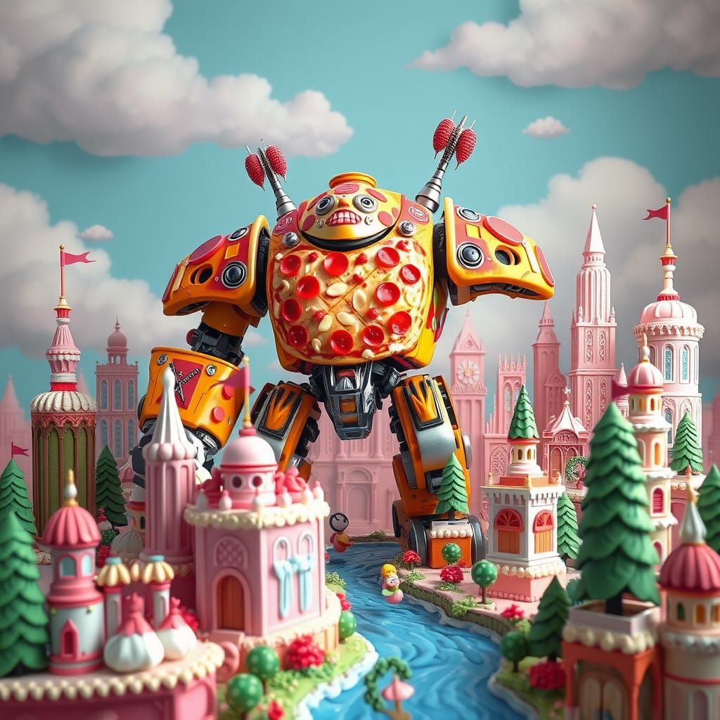 Pizza Mech Guards Cake City in Food Fantasy Style