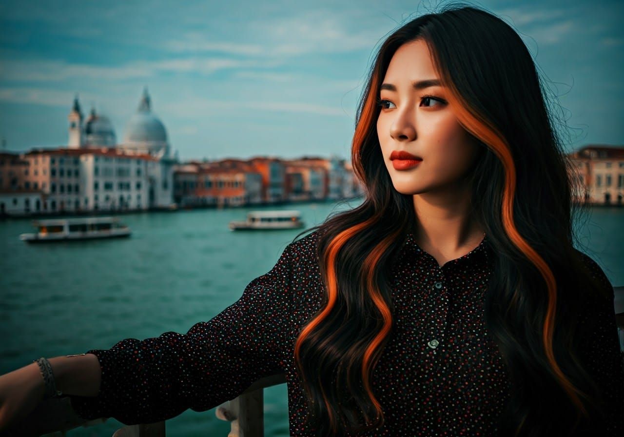 Asian Woman in Glitch Dress, Venice Sunset