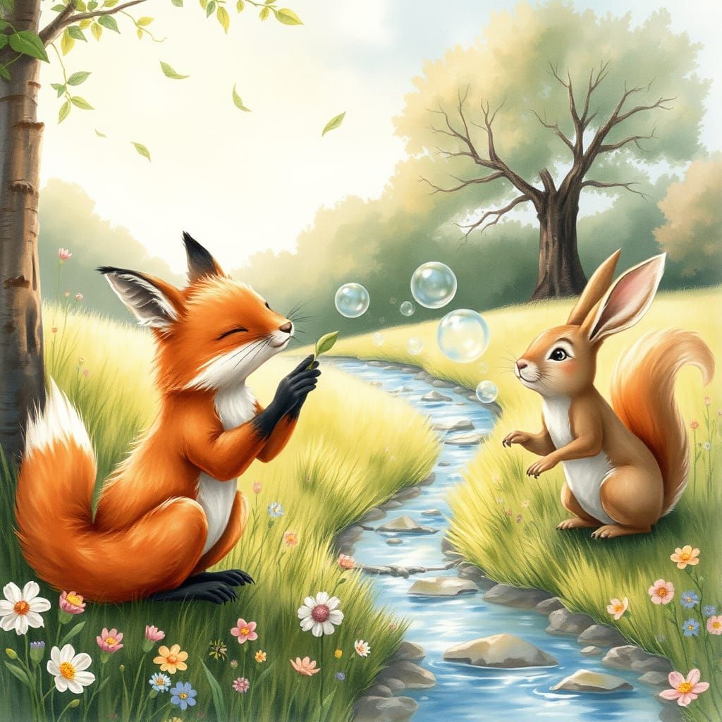 Whimsical Forest Friends Blowing Bubbles in Watercolor Style