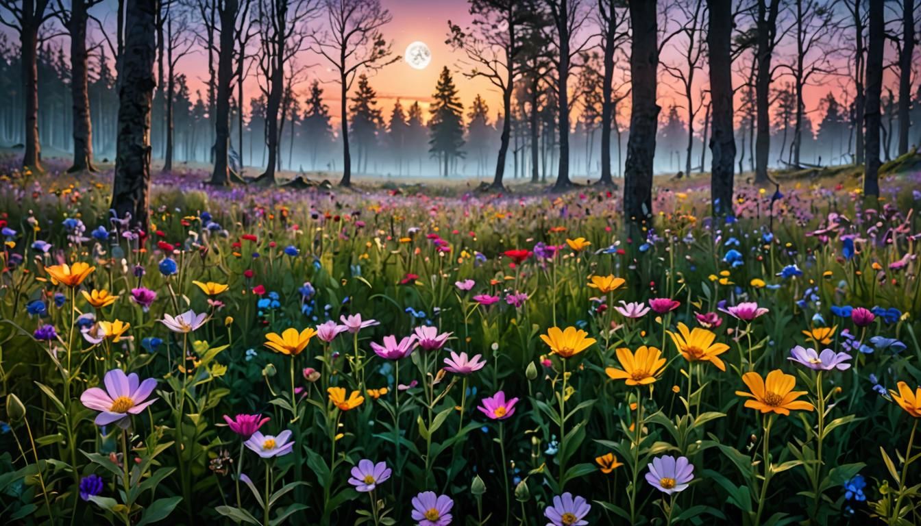 Moonlit Wildflower Forest in Dreamy Pastel Colors