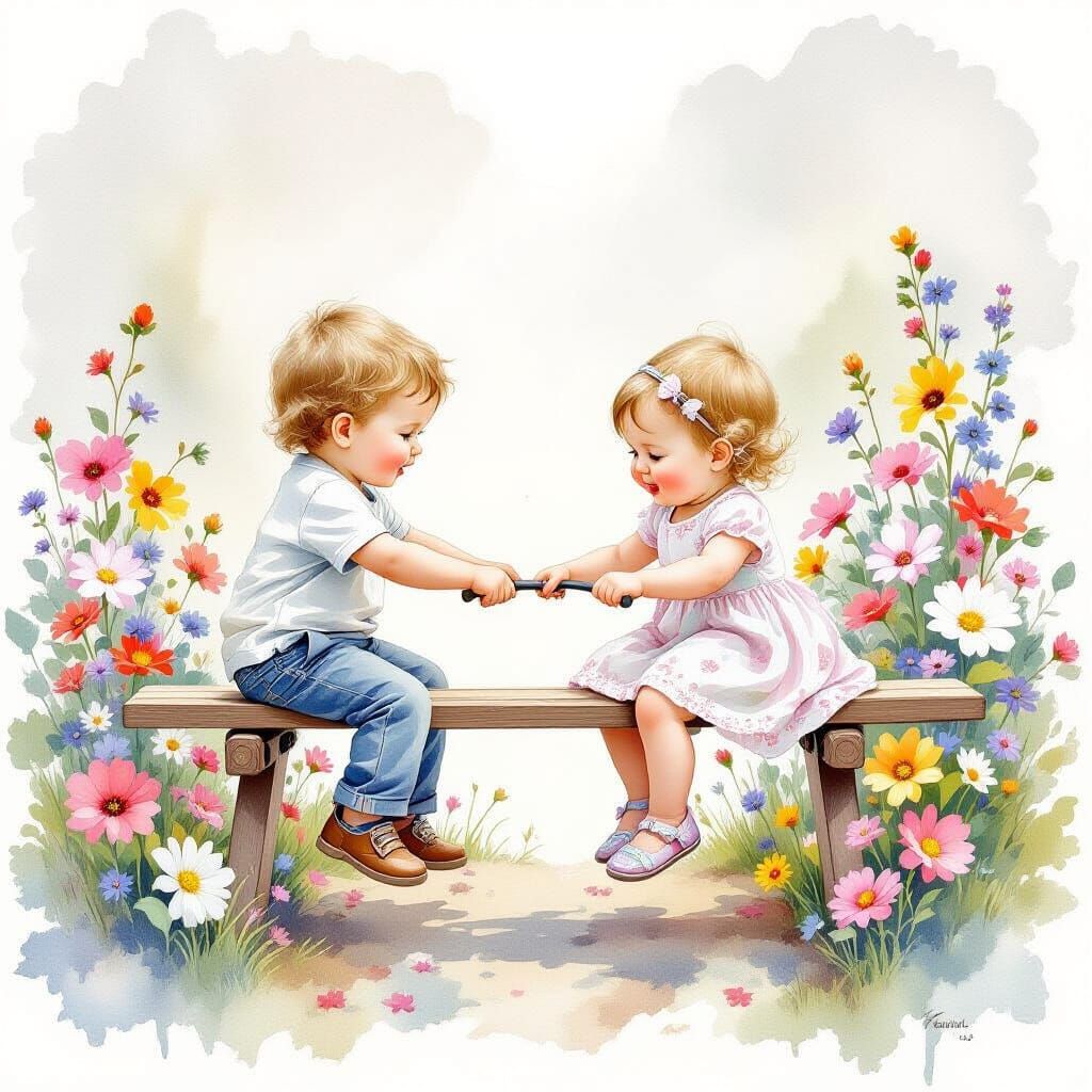 Watercolor and Ink Macro of Siblings on Seesaw