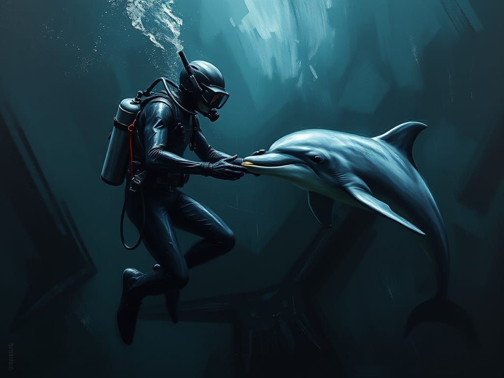 Diver and Dolphin in Ominous Ocean, Oil Painting