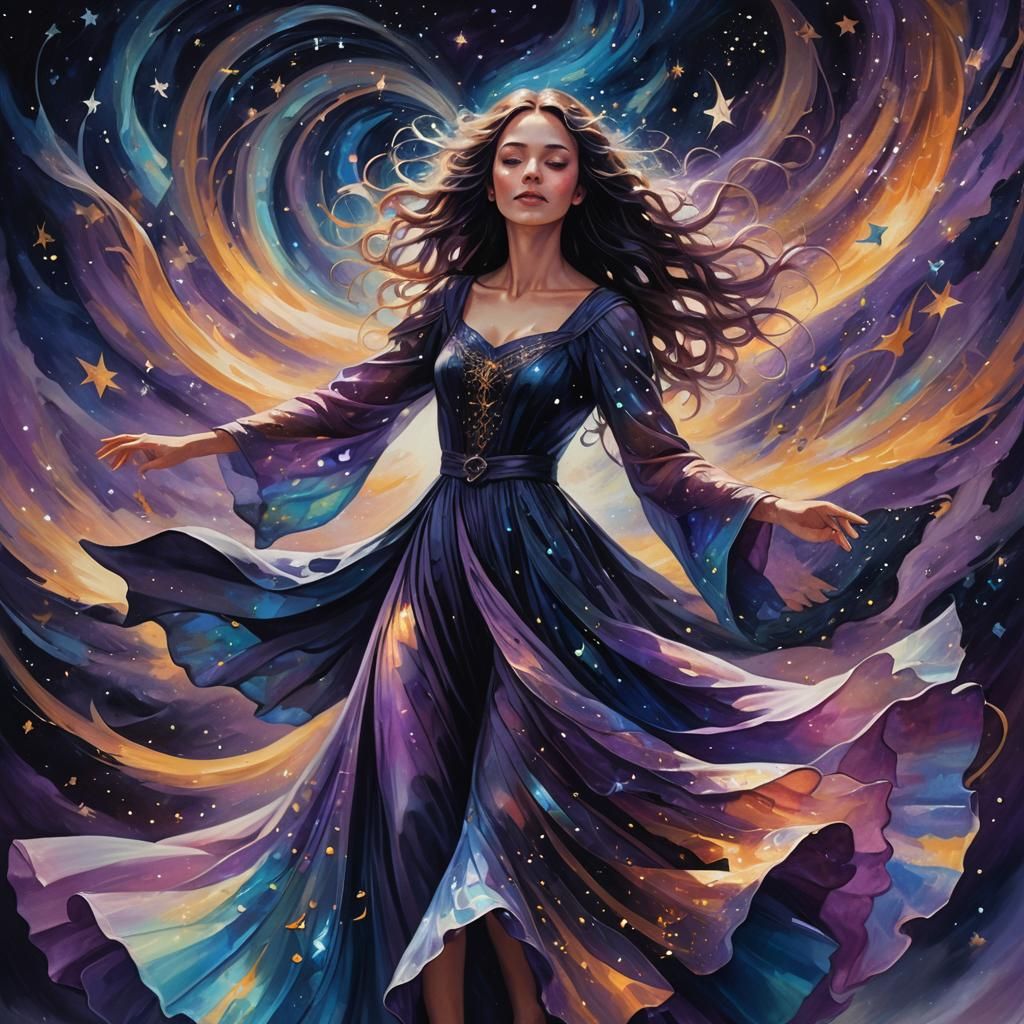 Young Witch on Musical Wings in Art Nouveau Style