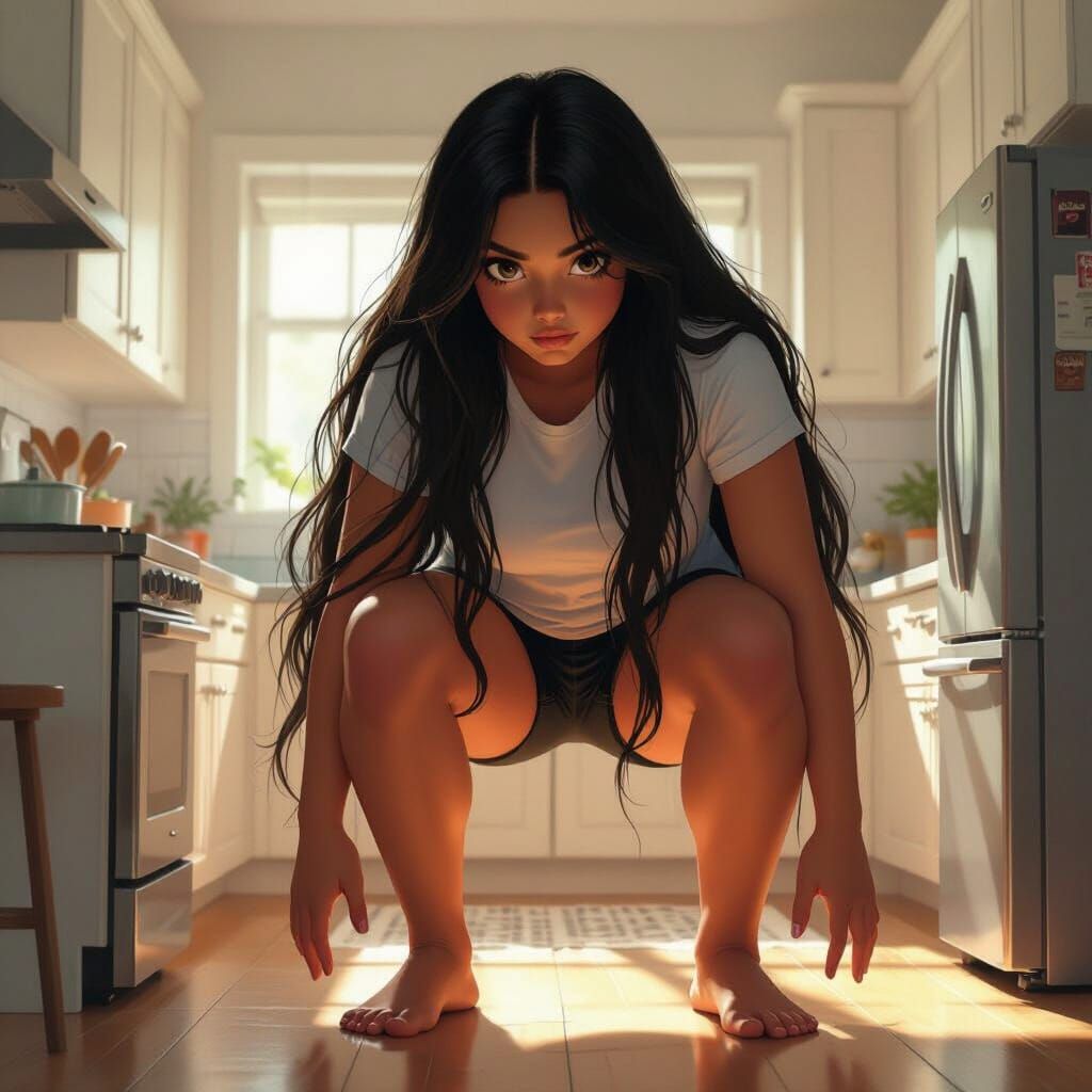 Giant Hispanic Girl in Modern Kitchen Digital Painting