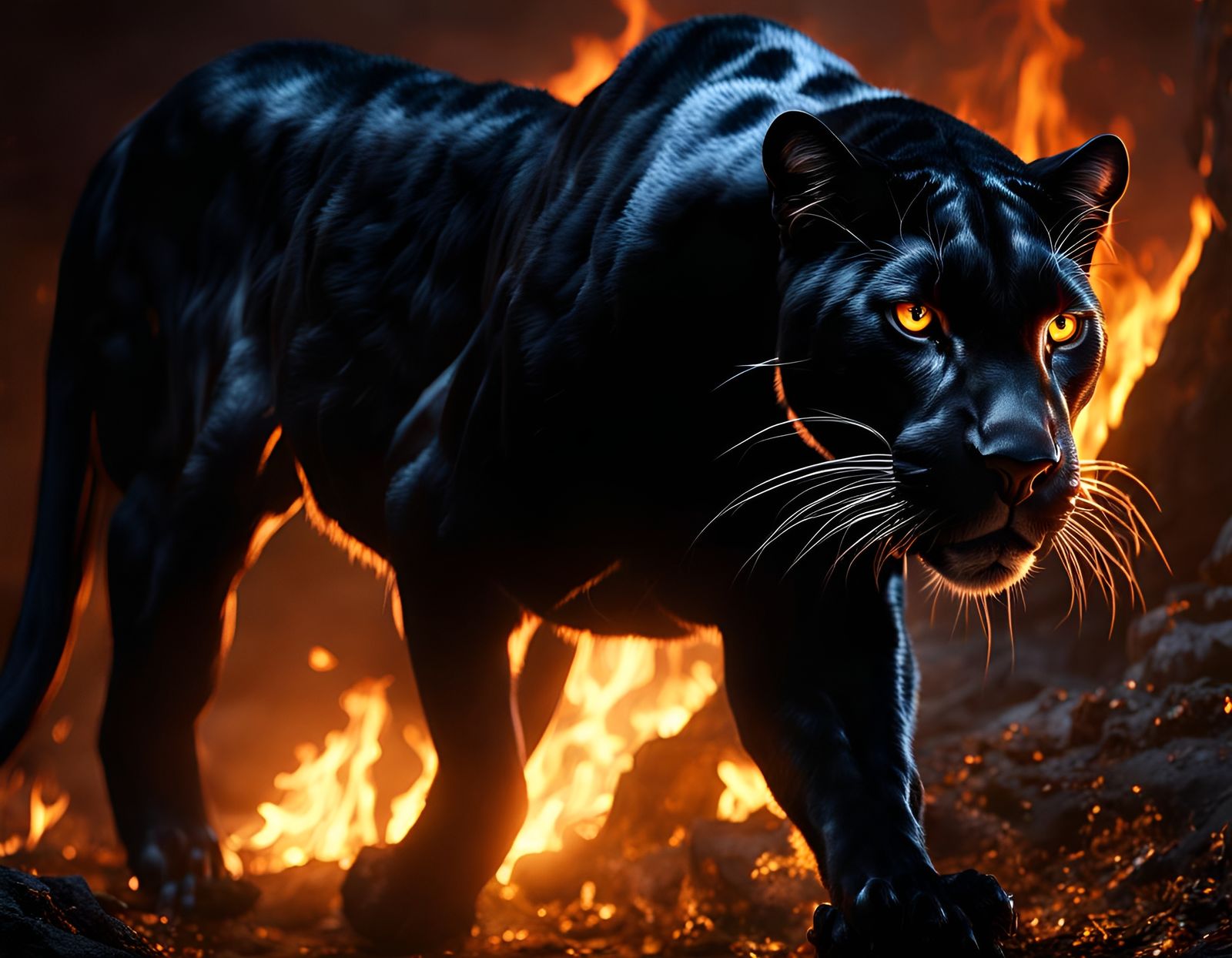 Epic Panther Backlit by Fire in Dark Art Style