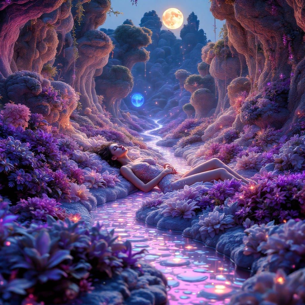Dreamlike Garden with Serene Woman, Digital Art