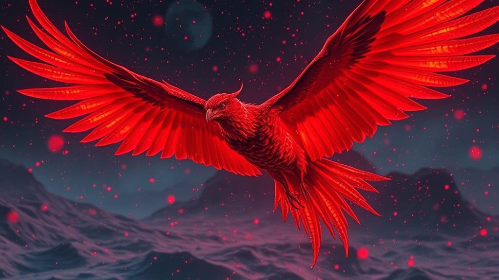 Phoenix Soaring Over Moon in Red Snowstorm