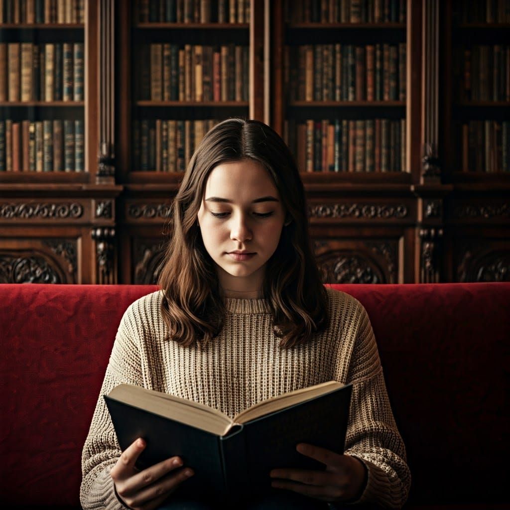 Girl Reading Book on Plush Couch in Ambient Light