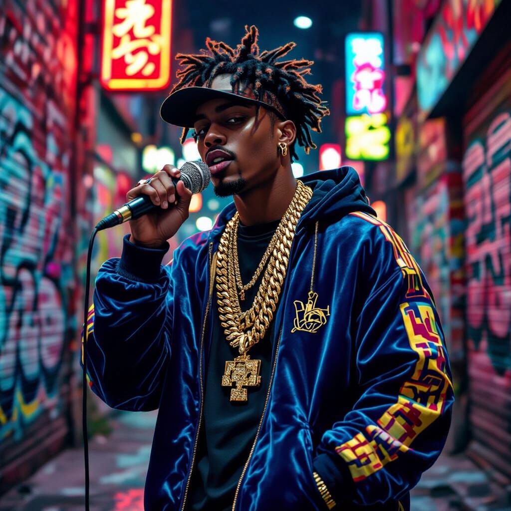 Velour Tracksuit Rap Artist in Neon Alley