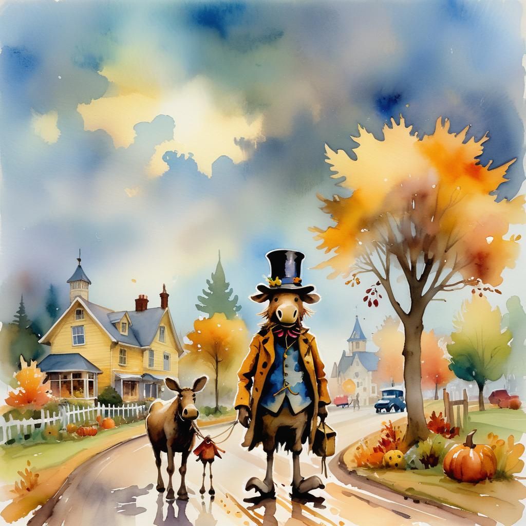 Scarecrow Leads Moose Through Autumn Town in Watercolor