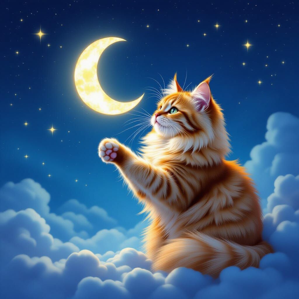 Fluffy Cat Bats at Glowing Moon in Surreal Sky